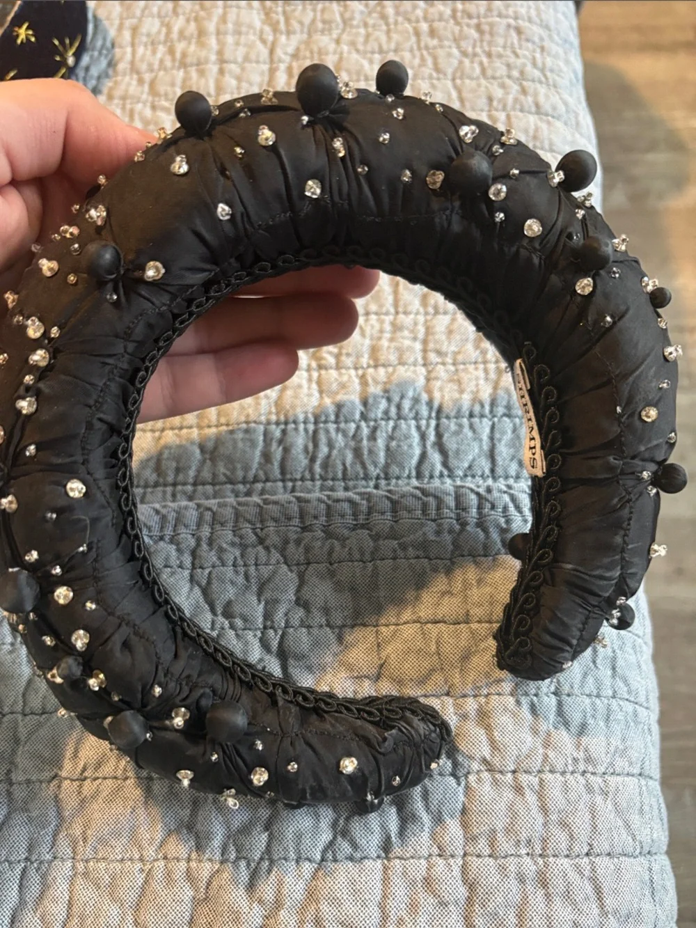 Shrimps Black Padded Headband with Crystal and Bead Embellishments